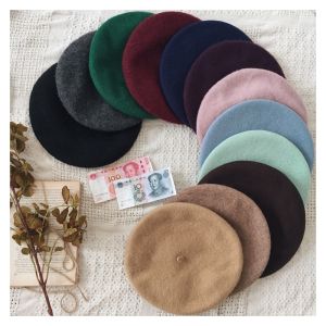 [Lady Sugar]Fashion New Women Wool Solid Color Beret Female Bonnet Caps Winter All Matched Warm Walking Hat Cap