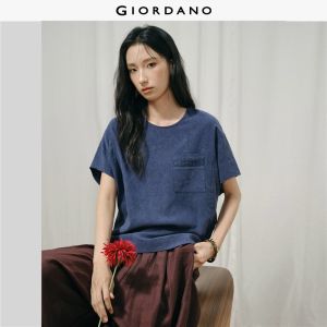 GIORDANO Women T-Shirts Embroidered Pocket Textured Tee Round Neck Short Sleeve Fashionable Casual Loose T-Shirts 18346818