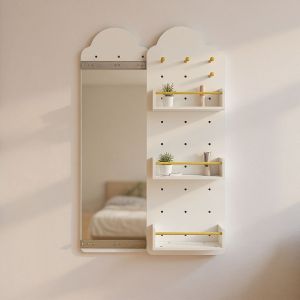 Gương Trượt Hình Mây Treo Tường Kèm Kệ & Thanh Chắn | Gỗ MDF Melamine | Ray Trượt 3 Tầng | 35–50x120cm