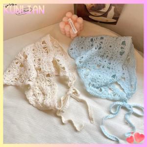 [KUNLIAN] Fashion Knitted Headscarf Hat French Pastoral Style Triangle Headband Handmade Crochet Headband Towel Retro Flower Headscarf