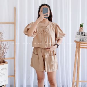 DNEMNLPH Camila Crisscross String Top & Highwaist Shorts Set (Trendy Korean Bangkok Garter Longsleeves Pockets Self Tie)