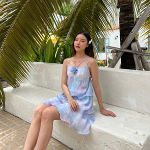 NOOZZSHOP 4911188 มินิเดรสสายเดี่ยว ฟรีไซส์ ผ้าพลีท ดีเทลระบายกระโปรง 3 ชั้น ดอกไม้กลางอก เดรสไปคาเฟ่