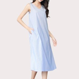 Muuv-It Fashionable Korean Serene V-neck Striped Midi Dress Summer New Loose-Fit Sleeveless Women Dress Casual Easy Wea