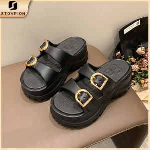 STOMPION Korean  Sandals For Women Two Strap Sandals Platform Sandals Flat Sandals White Slippers 7CM