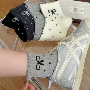 SET 5/10 đôi tất tone GHI NƠ CHẤM BI CỔ BÈO thời trang nữ xinh xắn