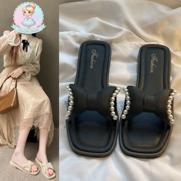 SasaGirlsFashion 💕รองเท้าแตะโบว์แต่งมุก🌼 สไตล์มินิมอล มี 2 สีให้เลือก ...