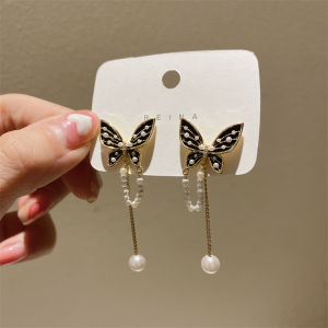 good 999 18k gold Korean Butterfly tassel pearl temperament personality versatile Earrings ES6246