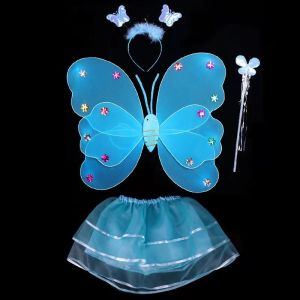 New Girls Fairy Costume Set Double Layer Butterfly Magic Wand Headband Princess Kids Performance Halloween Party Costume