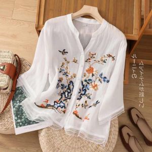 LUCKIN STORE Top for Women Cotton Embroidered T-shirt for Womens Summer New Loose Size Slim V-neck Strap Bubble Half long Sleeve Blouse Blouse Women 新年衣服2025 Hanfu women chinese 红色上衣女 cny top