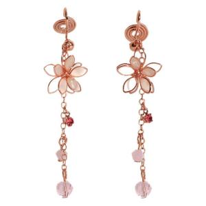 925 Silver Spring Pink Hollow-out Five-petaled Flower Fringed Earrings Without Ear Piercing For Her Party Gift