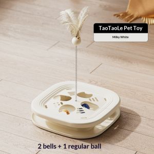 3-in-1 Interactive Cat Toy Multi-Functional Cat Turntable with Feather Wand Bell Balls & Silicone Non-Slip Base for Indoor Cats