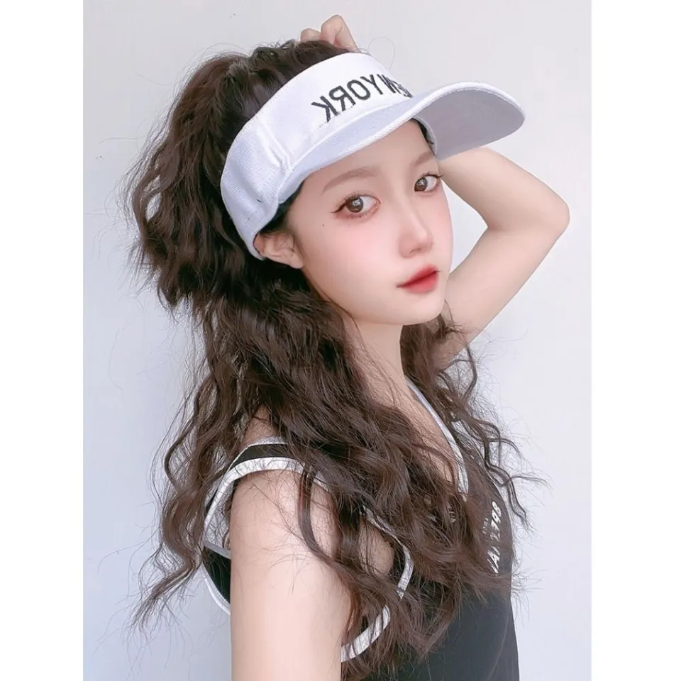 YOUYO Curly Brown Black Easy To Wear Summer Women Heat Resistant Fiber Hair Extension Travel Natural Hairpieces Long Wavy Ponytail Shade Baseball Cap Wig Fake Hair Hat Golf Cap Pony Tail