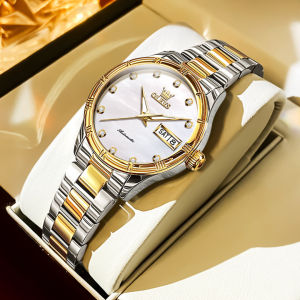 OLEVS 7030 Mechanical Fashion Women Watch Gift Round-dial Stainless Steel Watchband Wristwatch Week Display Calendar