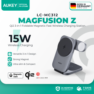 AUKEY LC-MC312 MagFusion 3-in-1 Qi2 Fast Wireless Charger Station with MagSafe Support for Apple Devices