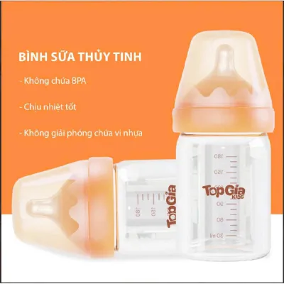 Bình sữa thuỷ tinh cao cấp Topgia 180ml và núm ti silicon siêu mềm chống sặc giảm đầy hơi sẵn hàng giao hỏa tốc