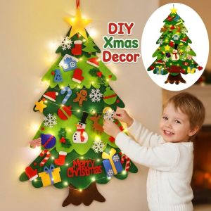 Cod Felt Christmas Tree With Led String Wall Hanging Xmas Tree Kids Diy Christmas Decor Gift Snowflake Ornaments