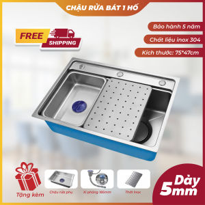 Chậu Rửa 1 Hố Cao Cấp Inox 304 Giật Cấp Kích Thước 75x47 Dày 5 Ly Chống Xước