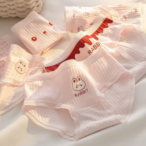 Quần lót nữ màu hồng nhạt với họa tiết Thỏ và chữ "RABBIT" trên nền vải sọc mịn.