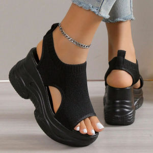 Thick Soled Sandals For Women Summer Mesh Breathable Peep Toe Sloping Heel Sandals Plus Size Sports Walking Mesh Flat Shoes