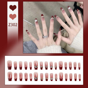เล็บปลอม สีสวย ไวน์แดง เล็บปลอม Z302 สไตล์โมเดิร์นใช้งานง่าย กล่องละ 24 ชิ้น