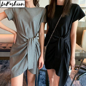 LuFashion Dress Womens Korean Style Slim Cotton Short Sleeve Summer Casual Solid Color Dress