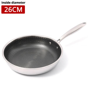 Fypo 304 Stainless Steel Pan 26/28cm Non-stick Frying Pot Omelette Steak Pancake Skillet No-coating Honeycomb Saucepan Flat Bottom Wok Induction Cooker Gas Stove Universal Kitchen Chef Cooking Tools Gift