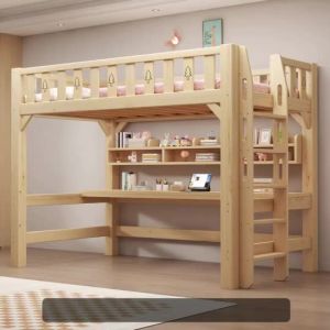 Loft bed solid wood bed suitable for HDB space saving can add student and childrens desks