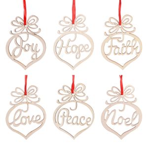 12pcs Wooden Christmas Pendant Christmas Wooden Hollow Out Ornament Xmas Tree Hanging Pendant Wooden Ornament Peace Joy Faith Noel Love Hope New Year Decoration