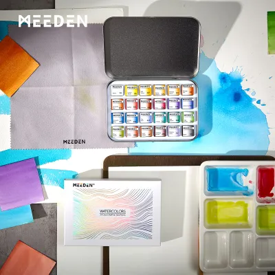 MEEDEN 24/40 Colors Professional Watercolor Painting Set Semi-Moist Half Pans - High Saturation & Lightfast Watercolors For Artists Illustrators & Beginners Art Supplies For Landscape Sketching Portraits
