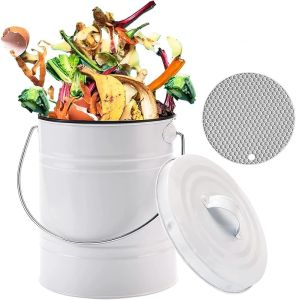 Compost Bin for Kitchen Counter LALASTAR Small Metal Compost Bin Indoor Kitchen Sealed with Lid for Food Waste Countertop Composter Container White 1 Gallon