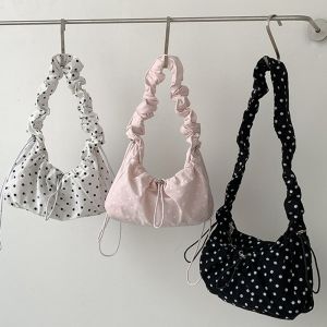 Women Polka Dot Underarm Bag Large Capacity Crossbody Bag Retro Drawstring Pleated Dumpling Bag for Outdoor Travel Clutch Purse