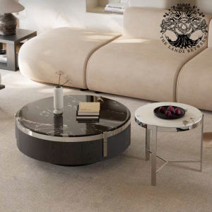 Bàn trà sofa bàn phòng khách bàn cafe nhập khẩu bàn đôi Cuneo tròn hộp veneer chân Inox đá vi thể