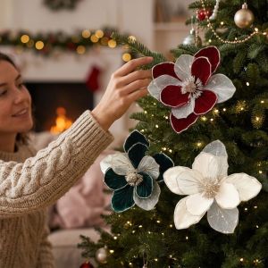 DENIFFY Velvet Texture Artificial Christmas Flower Three-Layer Sparkling Faux Magnolia Flower Holiday Decor DIY Craft Simulation Glitter Flower Christmas Tree