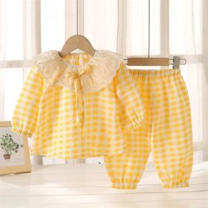 Girls Lace Round Neck Bow Home Suit Set Spring Summer Breathable Princess Baby Pajamas Sleepwear Cute Loose Childrens Clothing2026