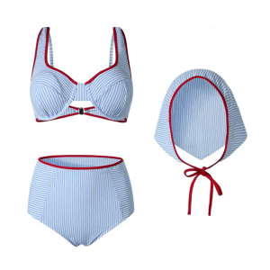 Women Two Piece Swimsuit with High Waist Briefs Vintage Blue Striped Swimwears Two Piece Bathing Suit Padded Swimsuit