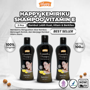 Happy Kemiriku Shampoo Vitamin E 100ml isi 3 Pcs dan 6 Pcs - Perawatan Rambut Rontok Hitam & Berkilau Menutrisi Akar Rambut | Membantu Mengurangi Rontok & Menebalkan Rambut | Sudah Halal & BPOM