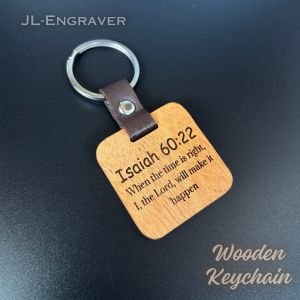 Customized Wooden Keychain with Personalized Photo Engraving and Leather Holder - Square Shaped