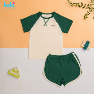 Bộ quần áo mùa hè cộc tay phối màu cổ tròn vải Bamboo cao cấp siêu mềm mịn cho bé set sơ sinh cho bé từ 3 tháng - 3 tuổi chất liệu sợi tre HAKI BB048 (4-15kg) quần áo hè cho bé trai bé gái