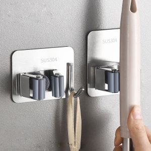 Giá Treo Chổi Inox SUS 304 Dán Tường Không Khoan – Kẹp Chổi Cây Lau Nhà Chống Trượt Siêu Dính