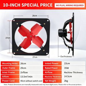 LILIER 180W 7-Leaf Exhaust Fan 10"12" All Metal Mute Ventilation Fan for Kitchen Bathroom Window Strong Airflow Stable Operation