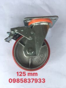 Bánh xe 125 mm PU xoay khoá dùng lắp xe đẩy hàng di chuyển nhẹ nhàng êm ái
