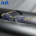 A-G Anti Blue Light Lens Rimless Reading Glass Men Original Anti Radiation Square Steel Frame Business Fashion High Quality Computer Glasses with Grade Eye Protection Spectacles G496. 