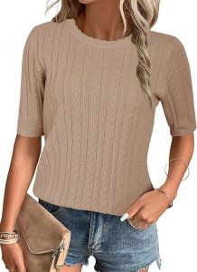 Arach&Cloz  Womens Summer Autumn Fan-shaped Lace Cuff Round Neck Top Textured Shirt