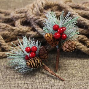 10pcs Artificial Flower Red Christmas Berry and Pine Cone with Holly Branches Christmas Decoration for Home Floral Decor