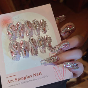24pcs/box Full Rhinestone Sweet Pink False Nails Long Lasting Safe Material Waterproof Fake Nails Art Wedding