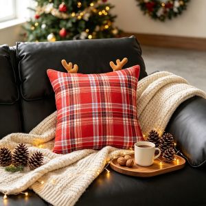 STARRY Plaid Christmas Pillow Cover Antlers Festive Sofa Pillowcase Holiday Decor Decorative Cushion Pillowslip Christmas
