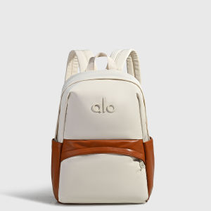 Contrast PU Band Nylon Laptop Backpack Six Neutral Pastel Color Embossed Letter Logo Padded Wide Shoulder Straps Daily School Travel Backpack