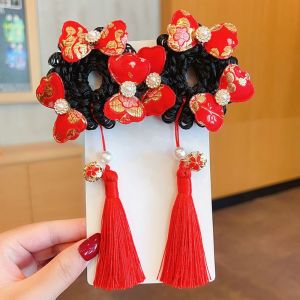 REEBO Red Bow Wig Braid Hair Rope Tassel Flower Children Hanfu Hair Ring Sweet Baby Headwear Ancient Style Scrunchines Children
