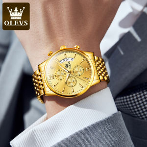 【Hot Sales】OLEVS Gold Watch For Men Water Proof Original Product 2022 Fashion Luxury Calendar Luminous Multifunctional Mens Stainless Steel Quartz Watch Gold/Black