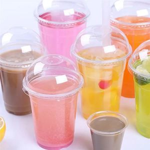 50Pcs 360ml/380ml/500ml Disposable Clear Plastic Cups with a Hole Dome Lids for Tea Fruit Juice Tea Disposable Cup Tableware2026